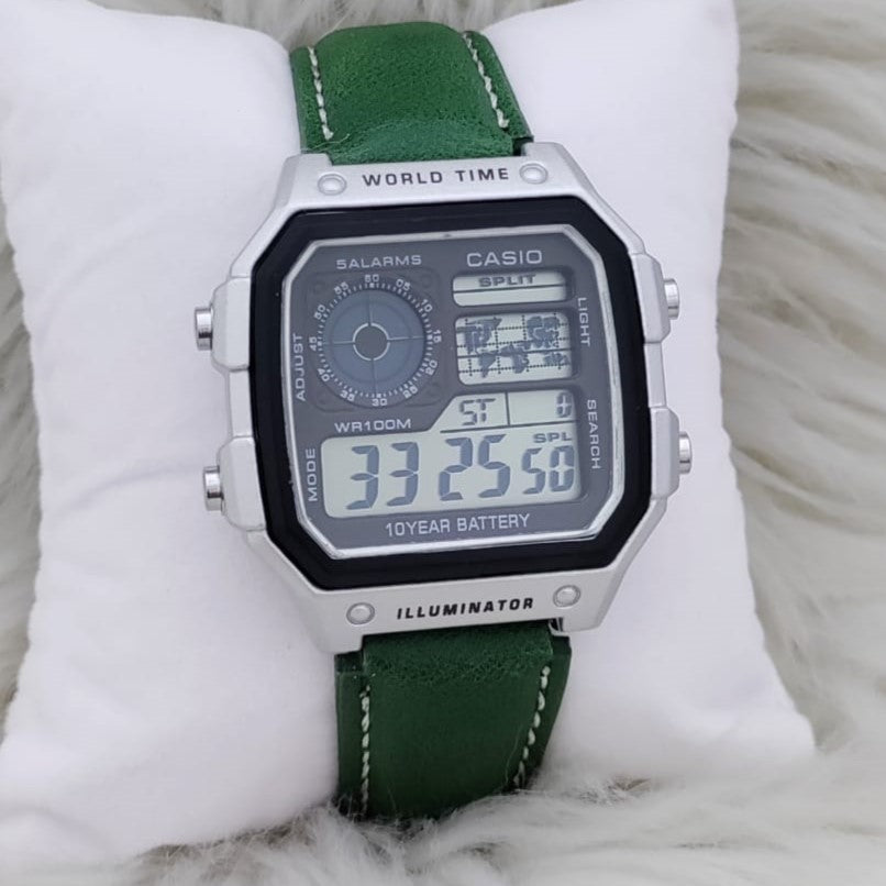 NEW CASIO ILLUMINATOR LEATHER STRAP MILITARY LOOKS WITH 1 YEAR SERVICE| CASIO 155563