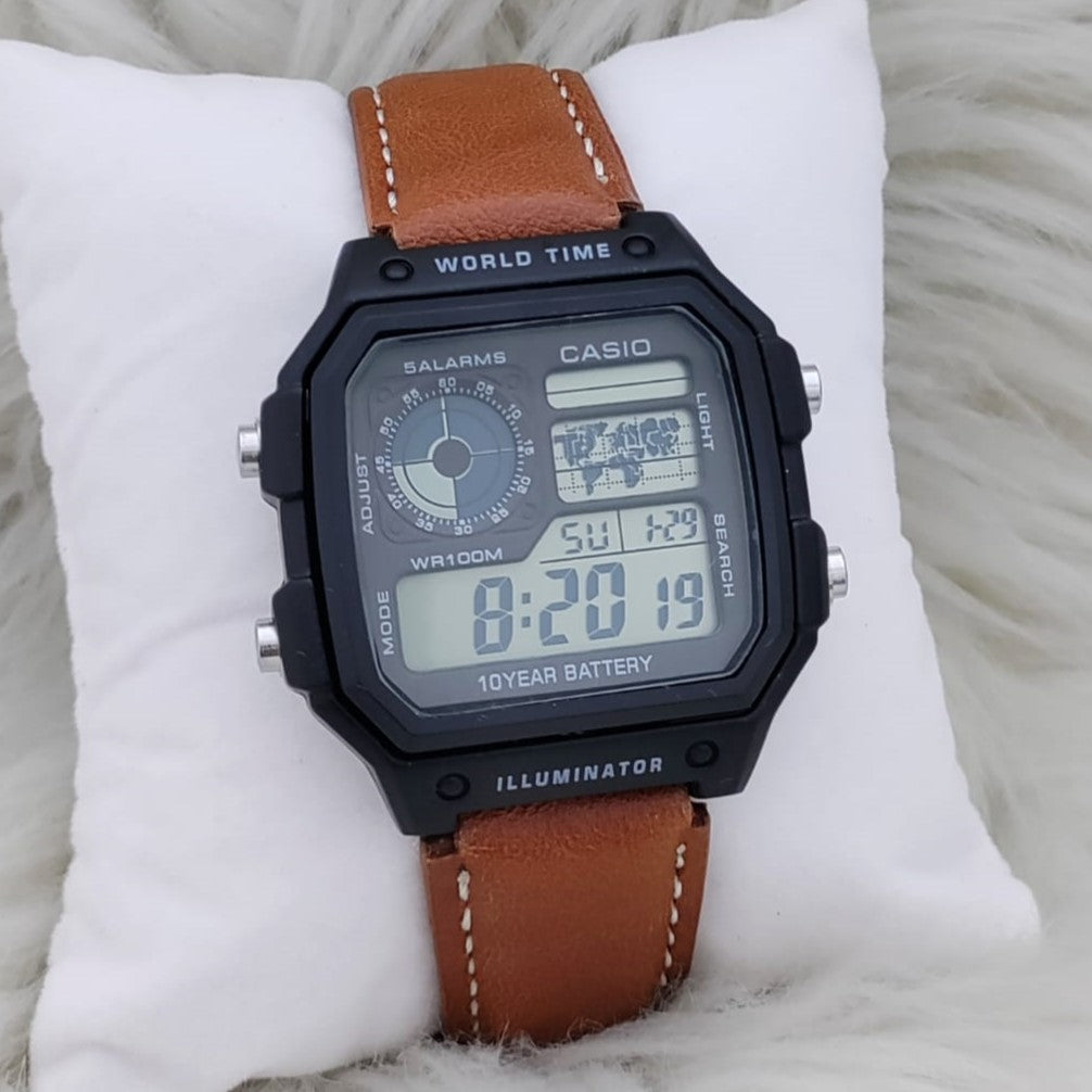 NEW CASIO ILLUMINATOR LEATHER STRAP MILITARY LOOKS WITH 1 YEAR SERVICE| CASIO 155566