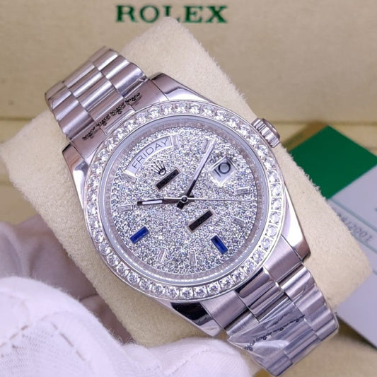LUXURY ROLEX DAY DATE  MASTER STEEL WITH FULL OF STONE  EXCLUSIVE ROYAL WATCH  WITH ORIGINAL ROLEX  BOX|ROLEX DAY DATE SUPER 1575553191