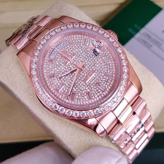 LUXURY ROLEX DAY DATE  MASTER STEEL WITH FULL OF STONE  EXCLUSIVE ROYAL WATCH  WITH ORIGINAL ROLEX  BOX|ROLEX DAY DATE SUPER 1575553193