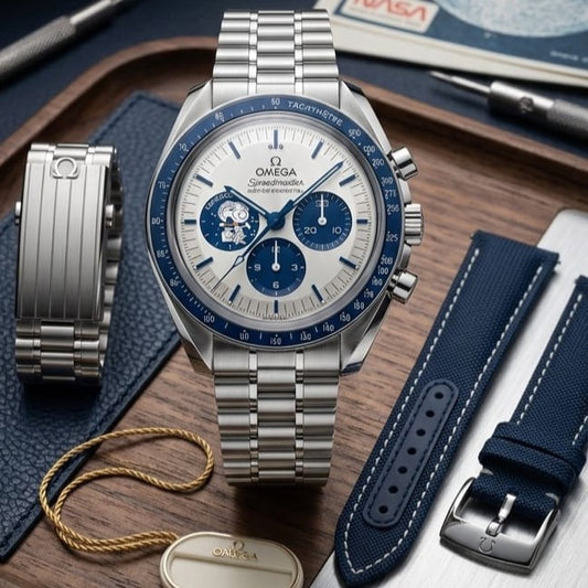 LUXURY  OMEGA SPEED MASTER SNOOPY SILVER 50TH ANNIVERSARY EDITION SWISS NOW IN FAST FASHION OMAN | OMEGA SWISS E SM 199997551