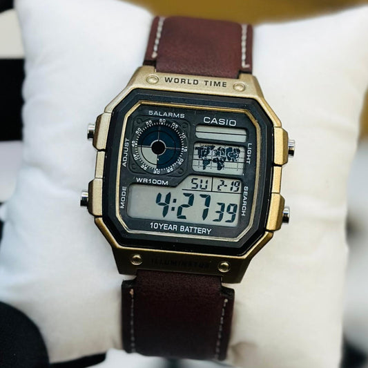 NEW CASIO ILLUMINATOR LEATHER STRAP MILITARY LOOKS WITH 1 YEAR SERVICE| CASIO 133392