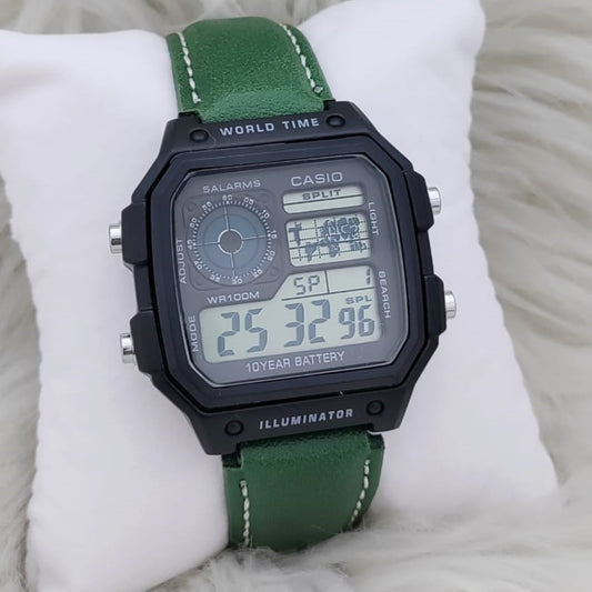 NEW CASIO ILLUMINATOR LEATHER STRAP MILITARY LOOKS WITH 1 YEAR SERVICE| CASIO 155562