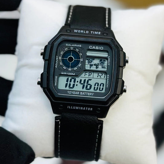 NEW CASIO ILLUMINATOR LEATHER STRAP MILITARY LOOKS WITH 1 YEAR SERVICE| CASIO 133393